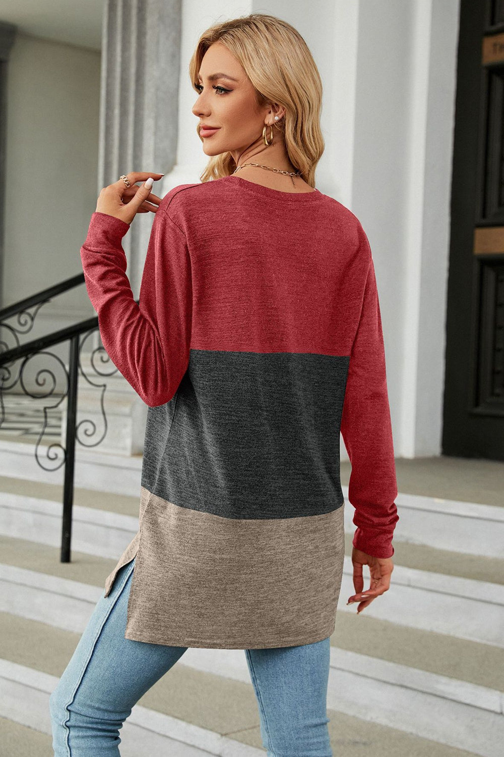 Color Block Round Neck Long Sleeve Slit T-Shirt - T-Shirts - Shirts & Tops - 15 - 2024