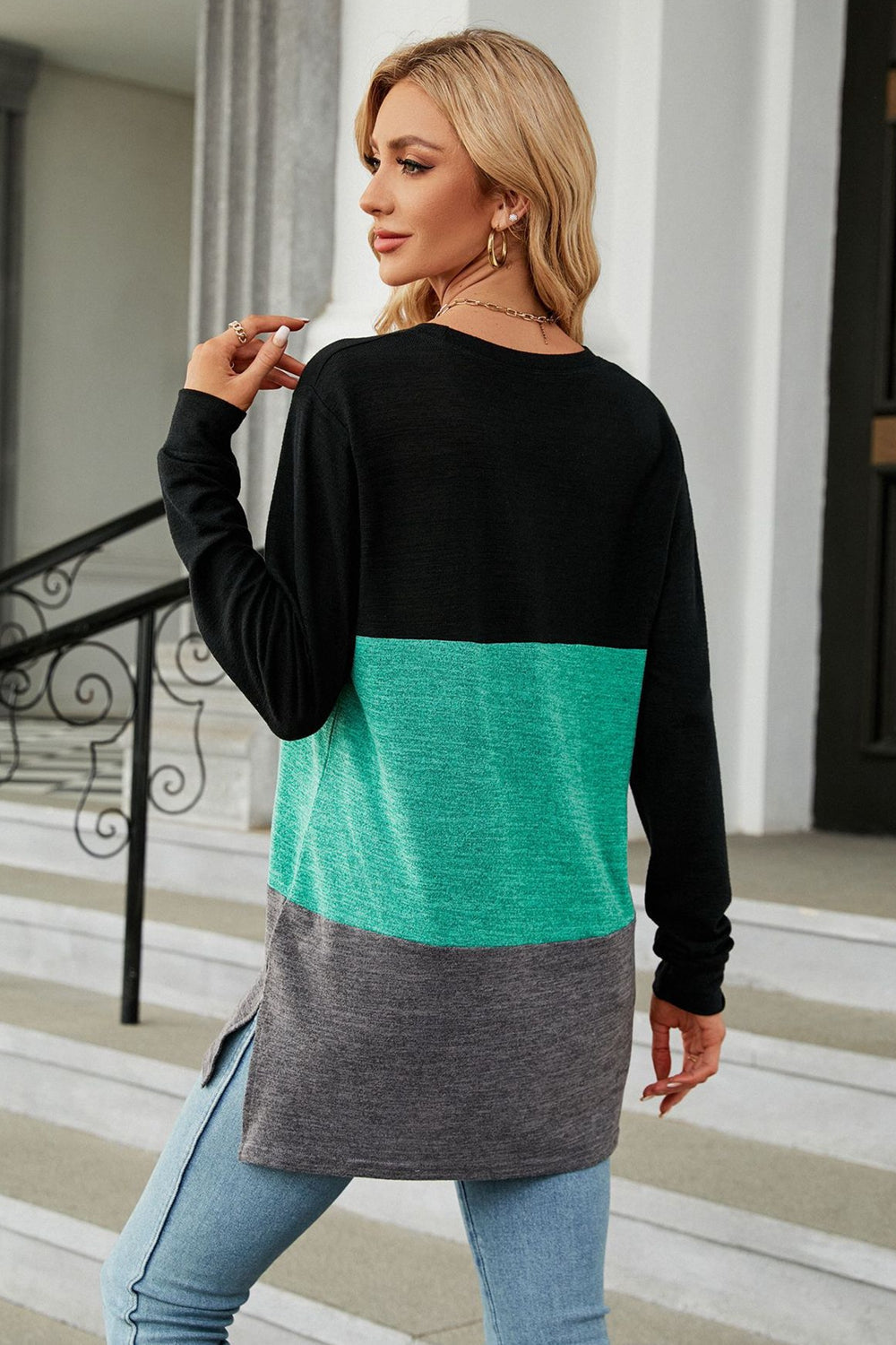 Color Block Round Neck Long Sleeve Slit T-Shirt - T-Shirts - Shirts & Tops - 2 - 2024