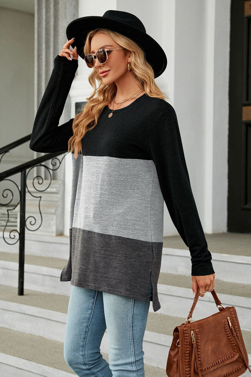 Color Block Round Neck Long Sleeve Slit T-Shirt - T-Shirts - Shirts & Tops - 20 - 2024