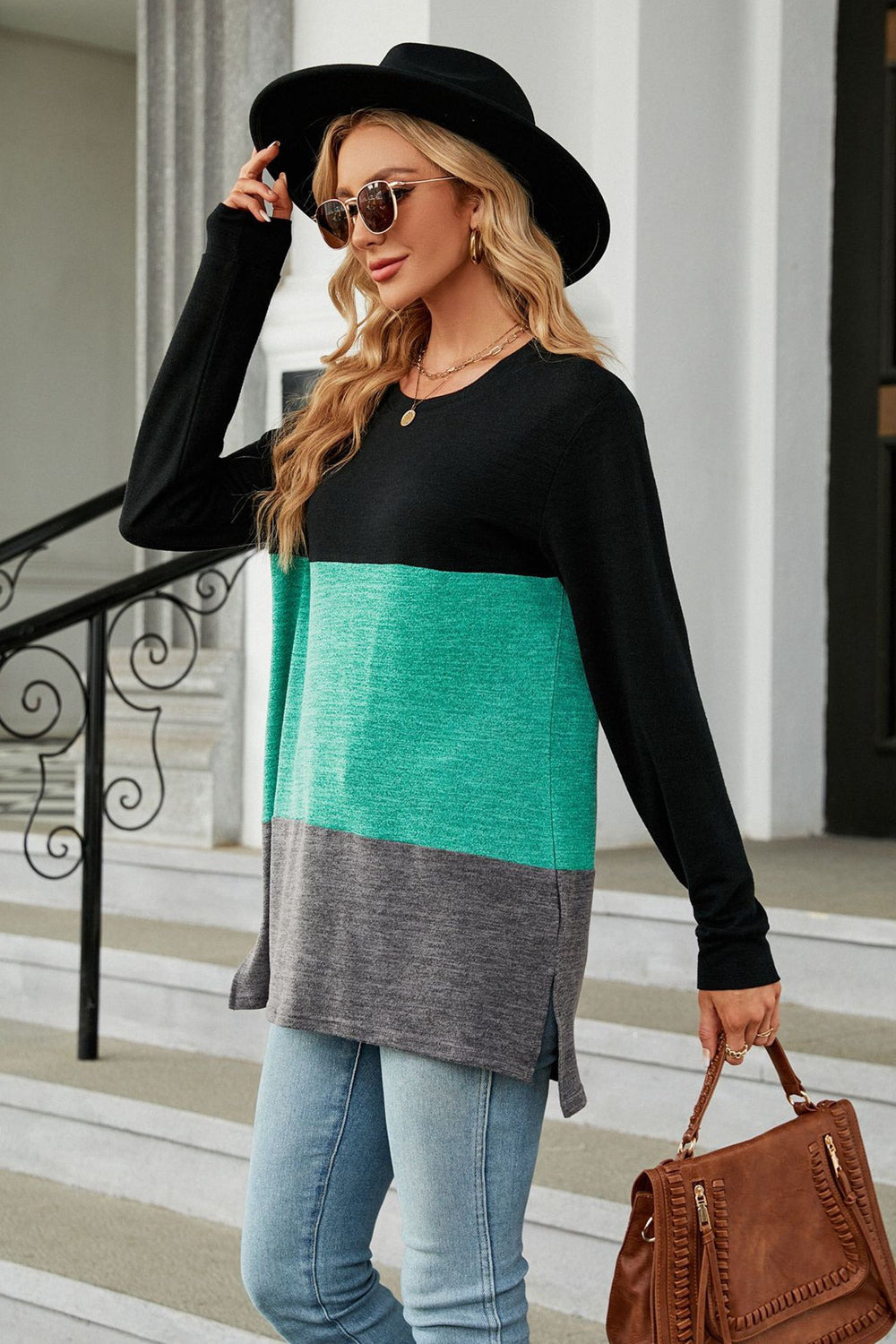 Color Block Round Neck Long Sleeve Slit T-Shirt - T-Shirts - Shirts & Tops - 3 - 2024