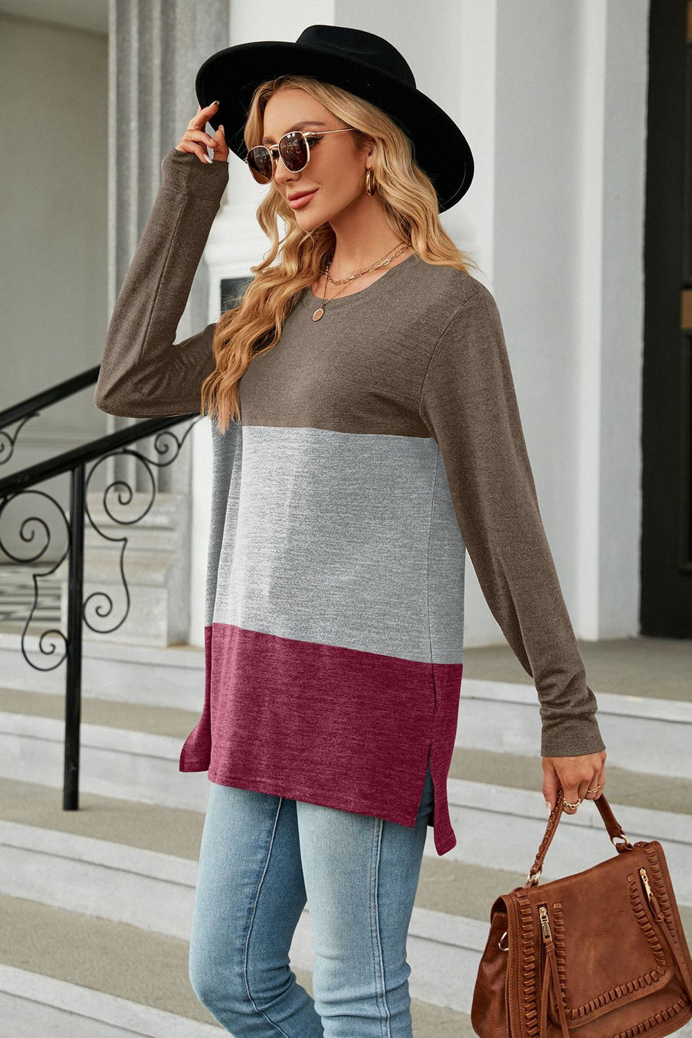 Color Block Round Neck Long Sleeve Slit T-Shirt - T-Shirts - Shirts & Tops - 8 - 2024