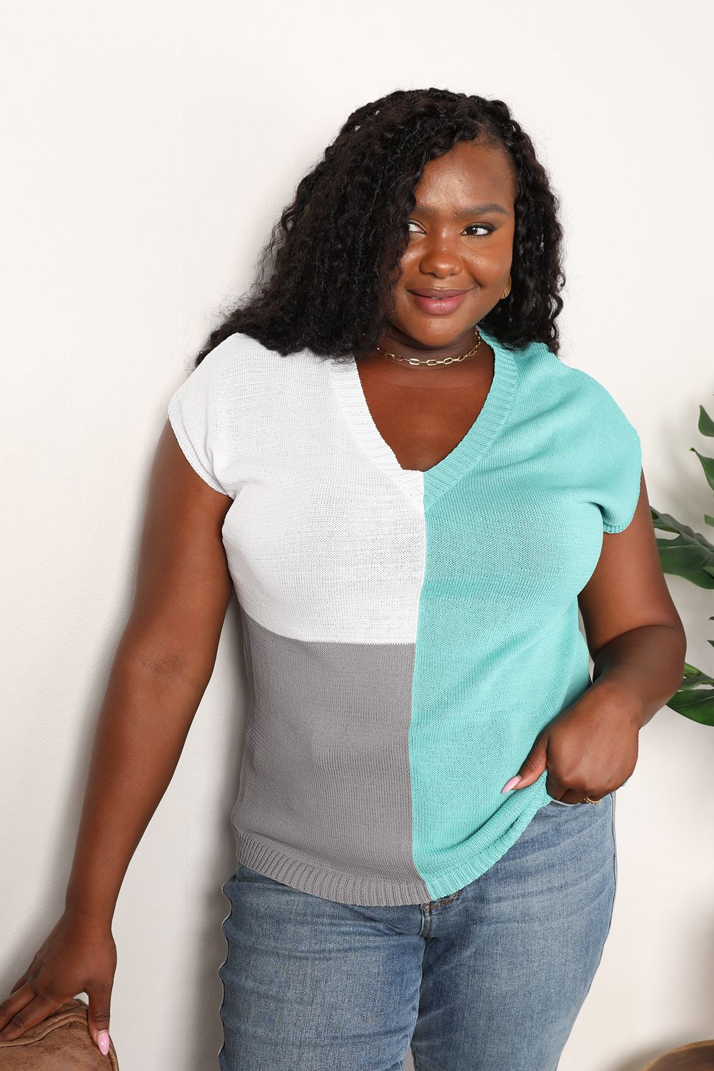 Color Block V-Neck Knit Top - Teal / S - Tops - Shirts & Tops - 18 - 2024