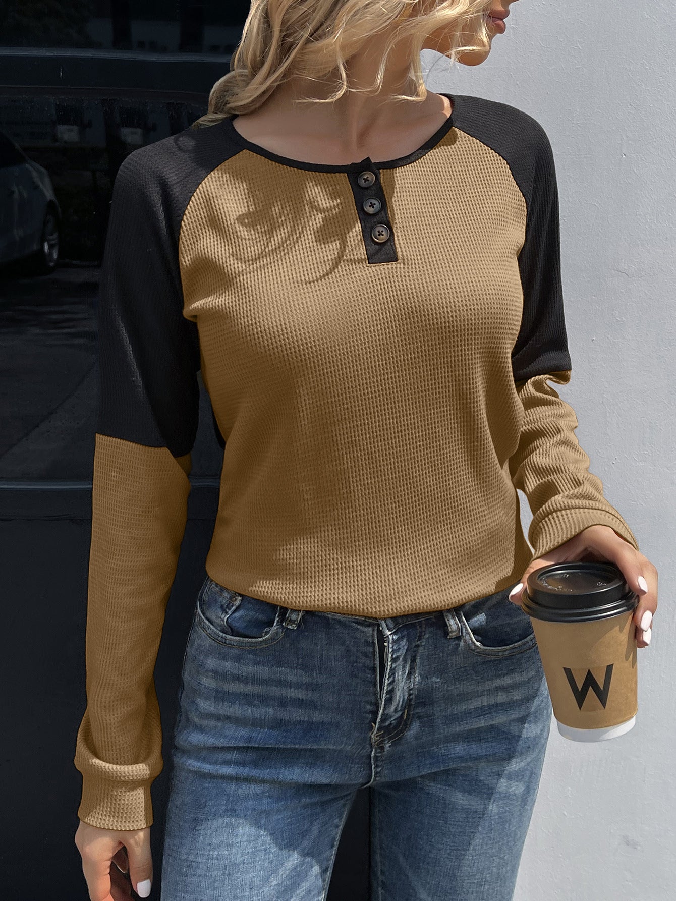 Contrast Buttoned Round Neck Raglan Sleeve Top - T-Shirts - Shirts & Tops - 3 - 2024