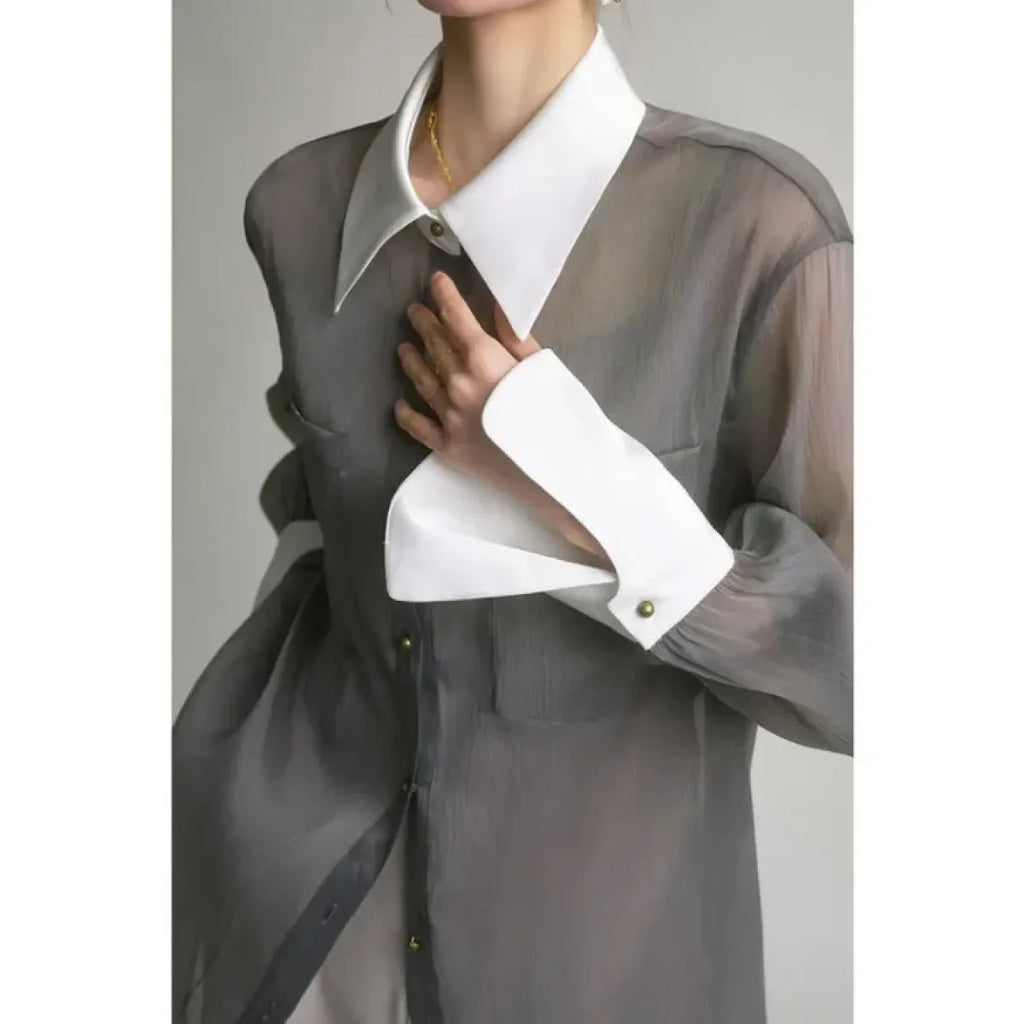 Sheer Contrast Collar Grunge Blouse - Women’s Clothing & Accessories - Blouse - 1