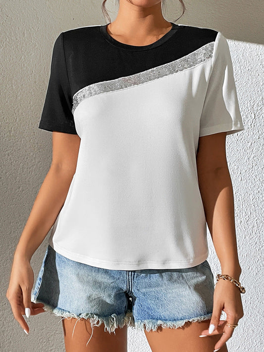 Contrast Color Round Neck Short Sleeve Tee - White / S - T-Shirts - Shirts & Tops - 1 - 2024