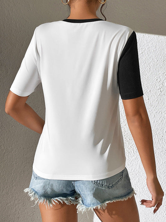 Contrast Color Round Neck Short Sleeve Tee - T-Shirts - Shirts & Tops - 2 - 2024