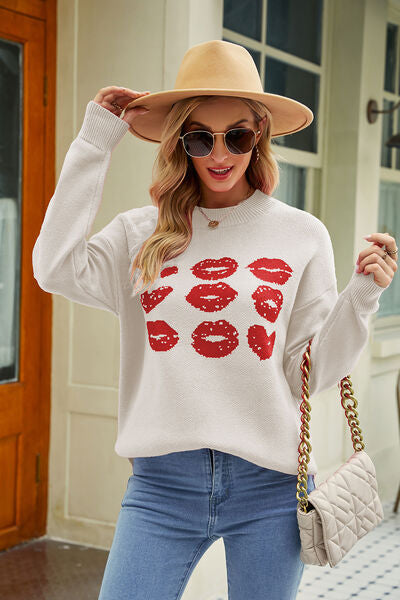 Contrast Lip Pattern Round Neck Slit Sweater - White / S - Sweaters - Shirts & Tops - 14 - 2024