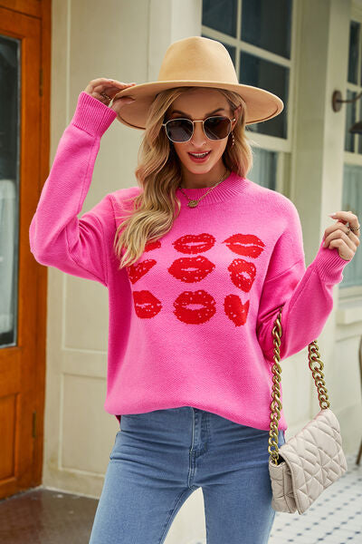 Contrast Lip Pattern Round Neck Slit Sweater - Sweaters - Shirts & Tops - 3 - 2024