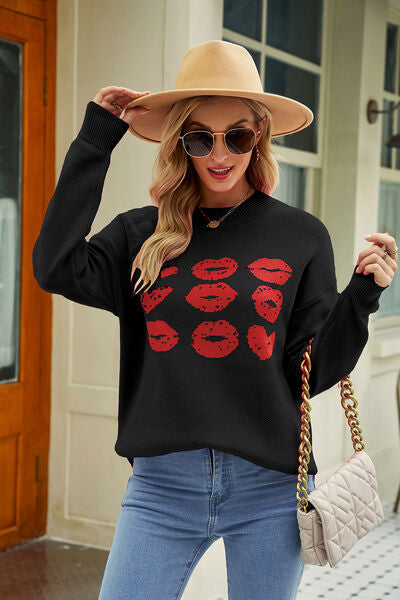 Contrast Lip Pattern Round Neck Slit Sweater - Sweaters - Shirts & Tops - 6 - 2024