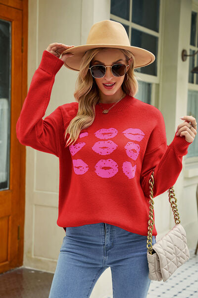 Contrast Lip Pattern Round Neck Slit Sweater - Red / S - Sweaters - Shirts & Tops - 8 - 2024