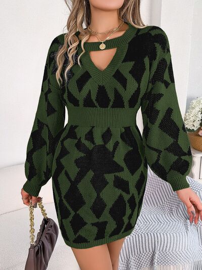 Contrast Round Neck Cutout Long Sleeve Mini Sweater Dress - All Dresses - Dresses - 11 - 2024