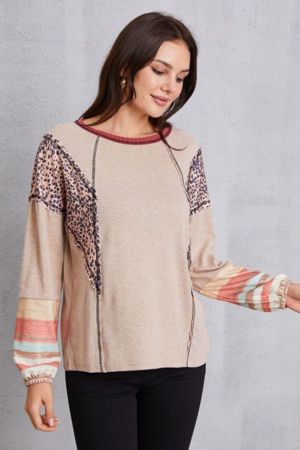 Contrast Stitching Leopard Long Sleeve Blouse - Women’s Clothing & Accessories - Shirts & Tops - 3 - 2024