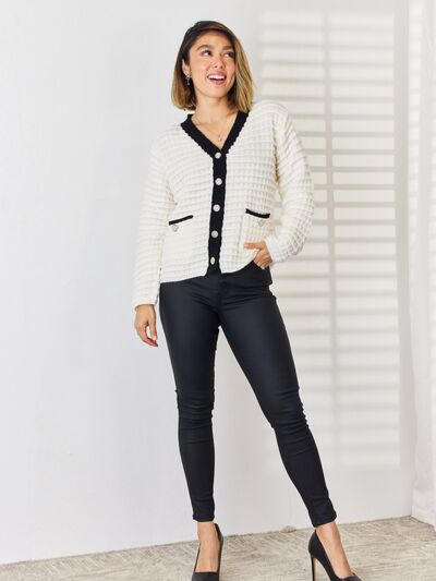 Contrast Trim Button Up Cardigan - Women’s Clothing & Accessories - Shirts & Tops - 7 - 2024