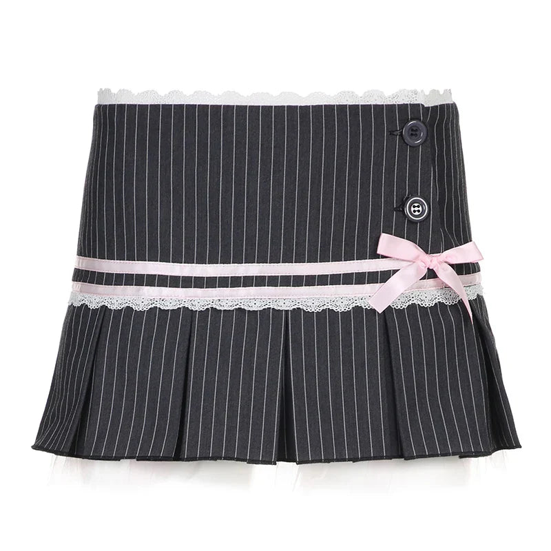 Y2K Coquette Aesthetic Pinstripe Pleated Black Mini Skirt with Bow - Grey / S - Bottoms - Mini Skirts - 6 - 2024