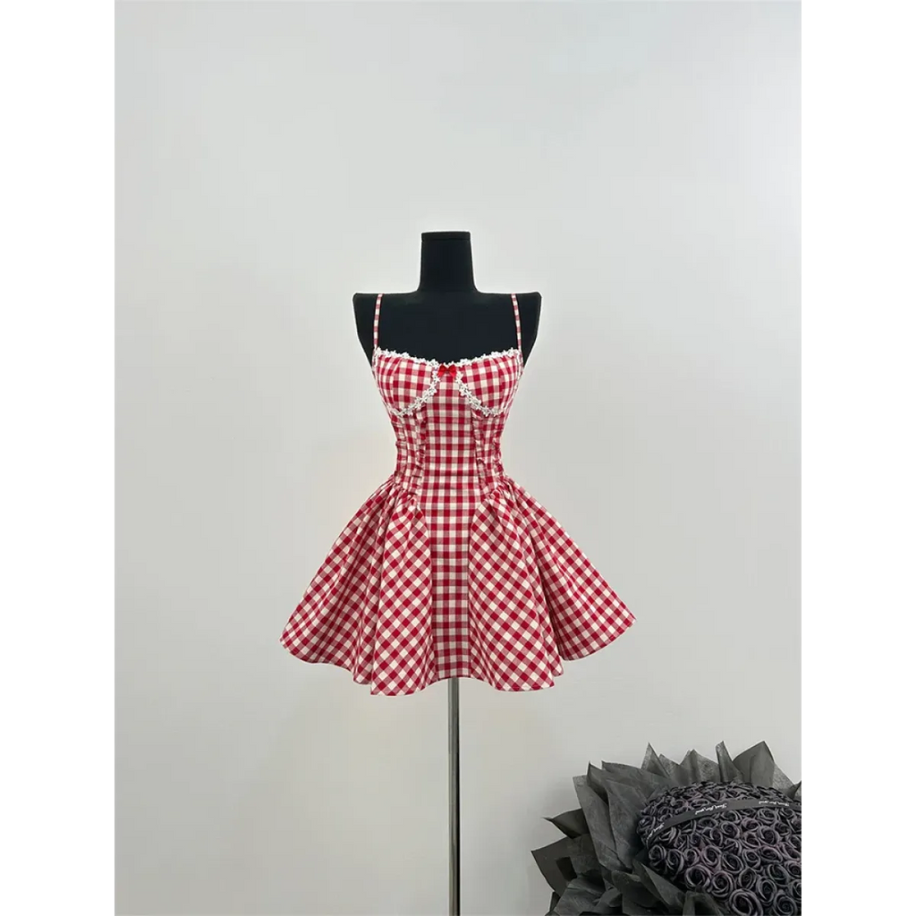 Coquette Plaid Mini Dress – Balletcore Gyaru Party Dress - All Dresses - Strapless - Off-Shoulder - Crop Tops - 1