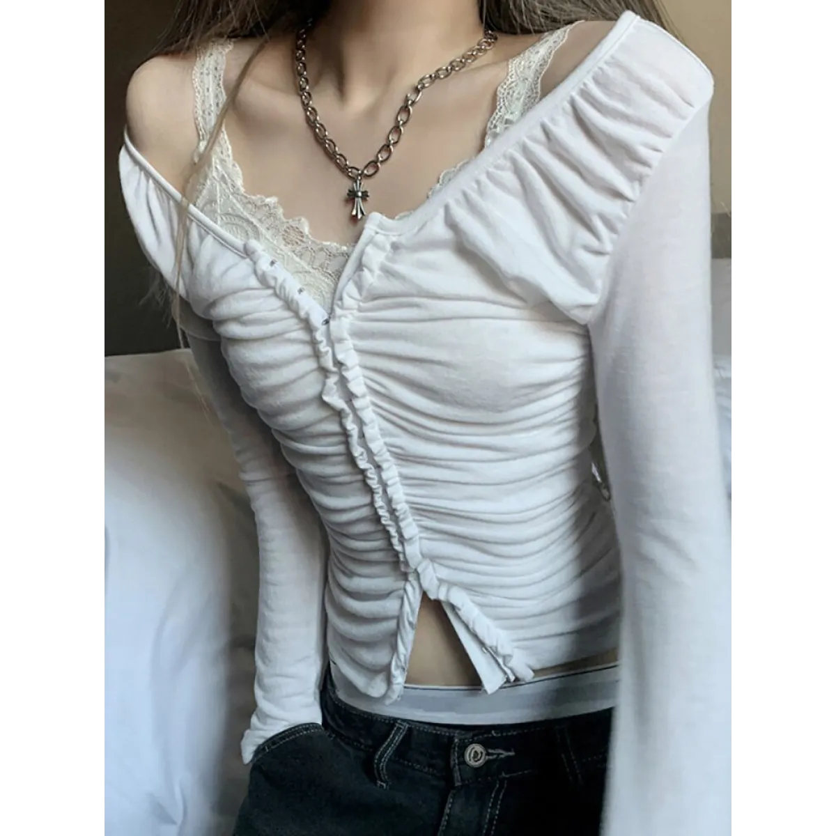 Coquette Ruched T-shirt With Hooks - T-Shirts - 1