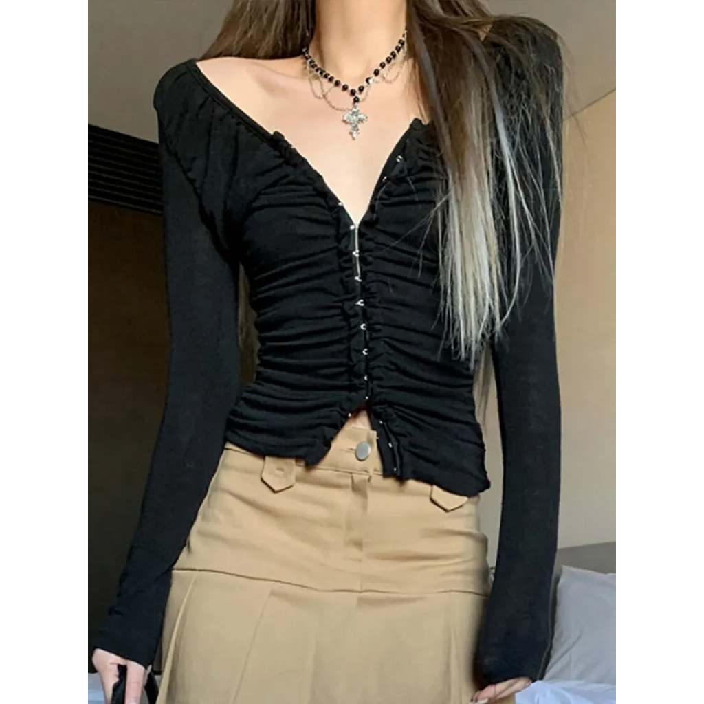 Coquette Ruched T-shirt With Hooks - Black / S - T-Shirts - Shirts & Tops - 7 - 2024