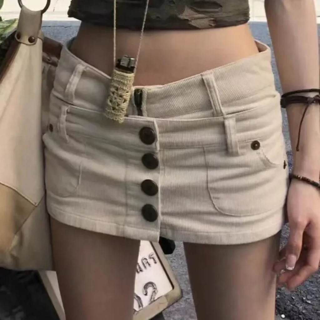 Low-Waisted Button Front Corduroy Mini Skirt - Bottoms - Mini Skirt - 6