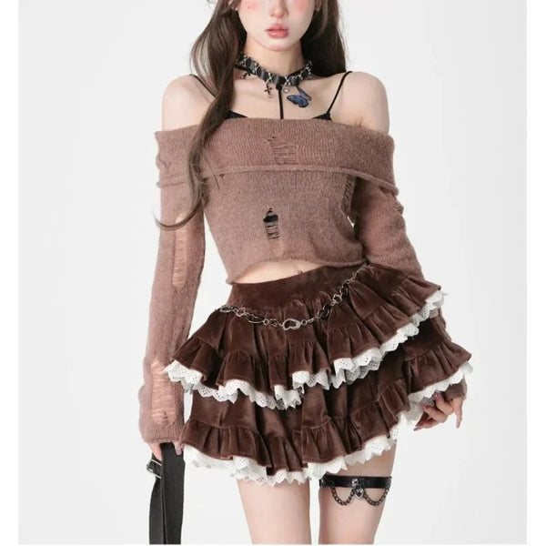 Sweet Lace Ruffle Corduroy Skirt - Bottoms - Mini Skirts - 1
