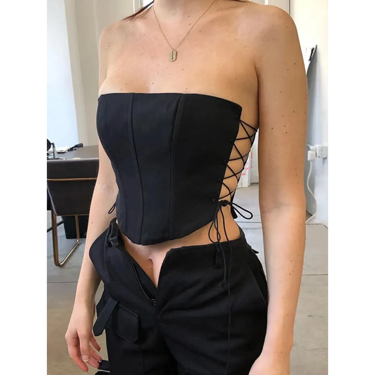 Strapless Gothic Lace-Up Corset Crop Top - Women’s Clothing & Accessories - Crop Tops - 1