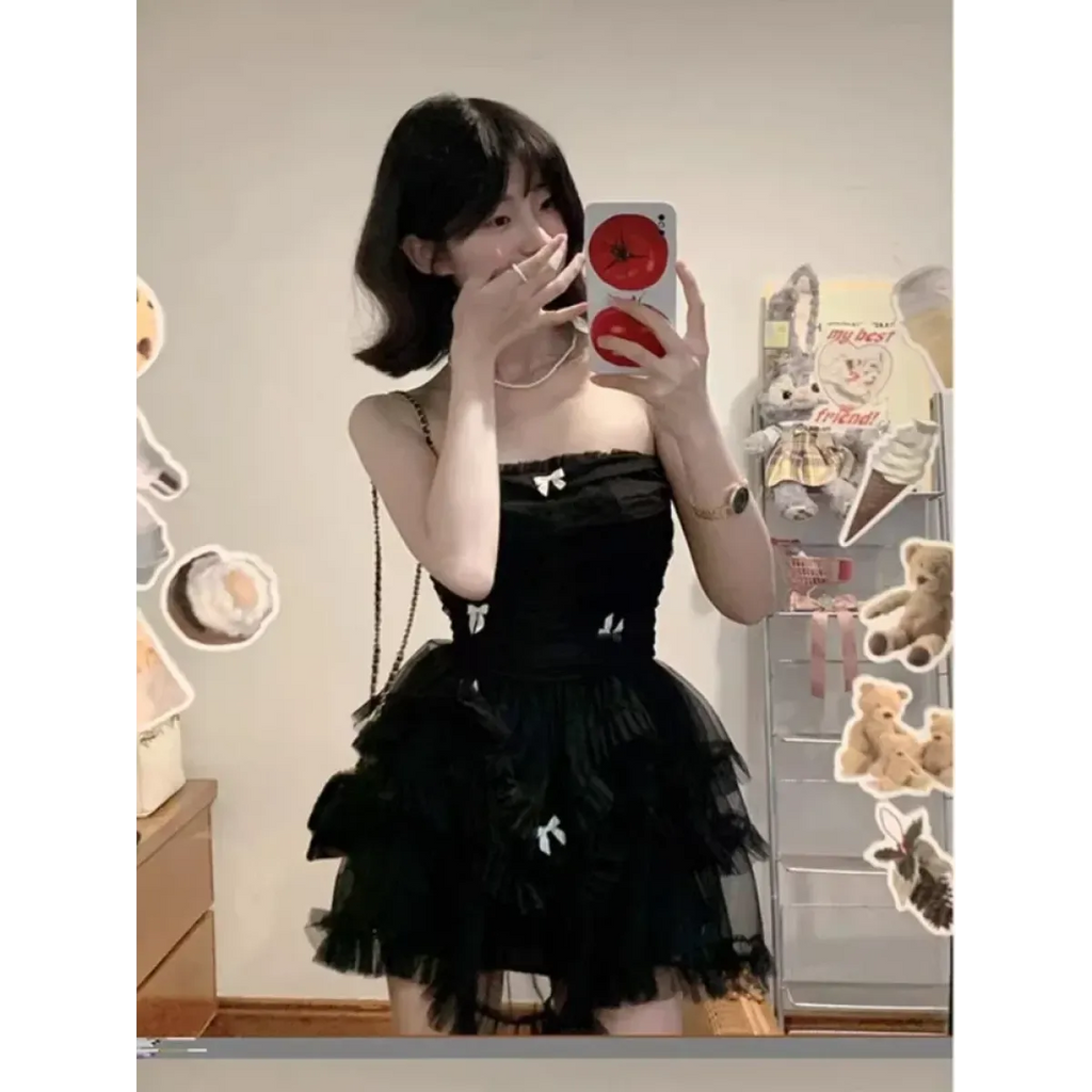 Corset Mini Dress – Y2K Lace Ruffle Bodycon Party Outfit - All Dresses - Sleeveless - Off-Shoulder - Dresses - 2