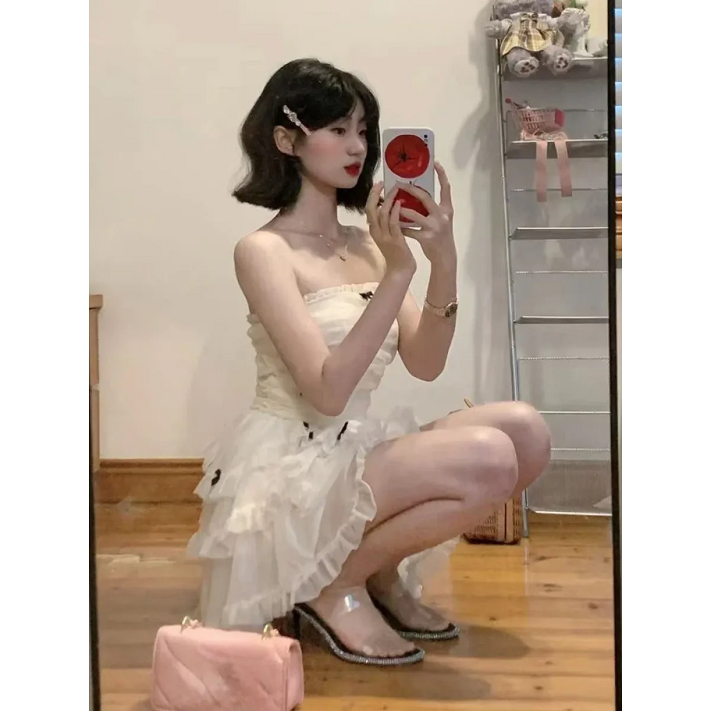 Corset Mini Dress – Y2K Lace Ruffle Bodycon Party Outfit - All Dresses - Sleeveless - Off-Shoulder - Dresses - 6