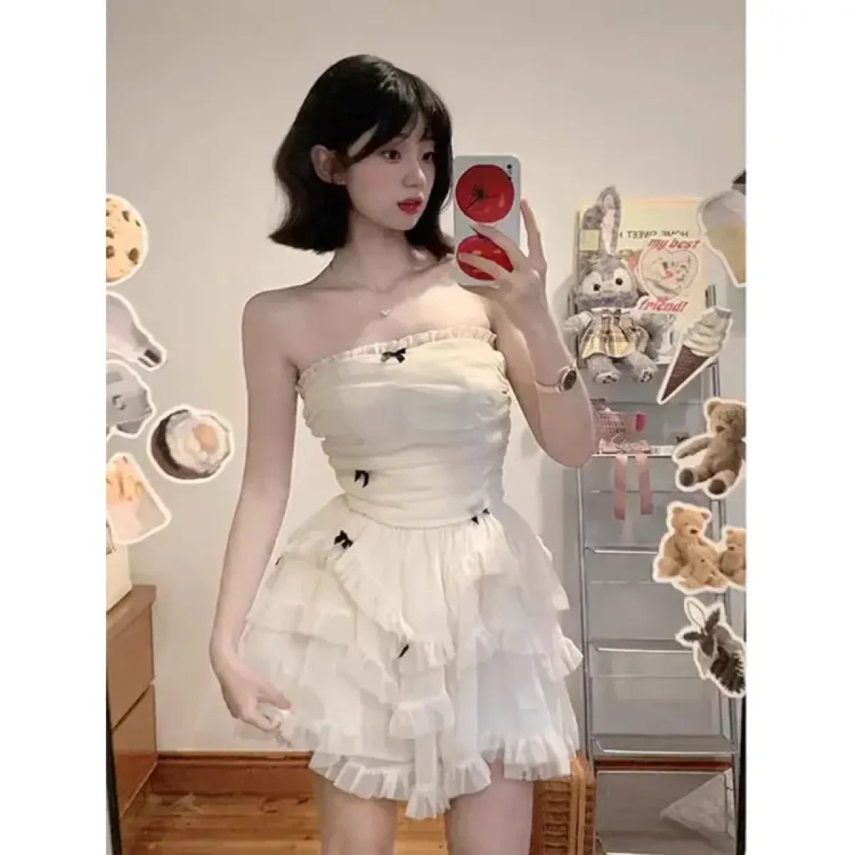 Corset Mini Dress – Y2K Lace Ruffle Bodycon Party Outfit - All Dresses - Sleeveless - Off-Shoulder - Dresses - 7
