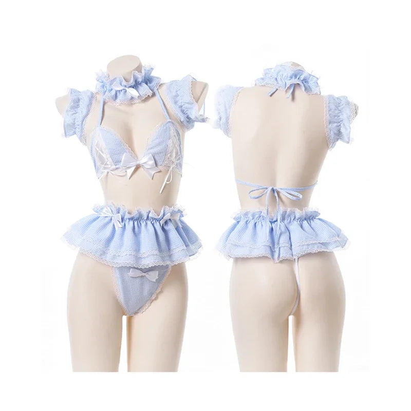 Cosplay Maid Lingerie Set – Lace Plaid Anime-Inspired Outfit - style 2 blue / One Size - Women’s Clothing &