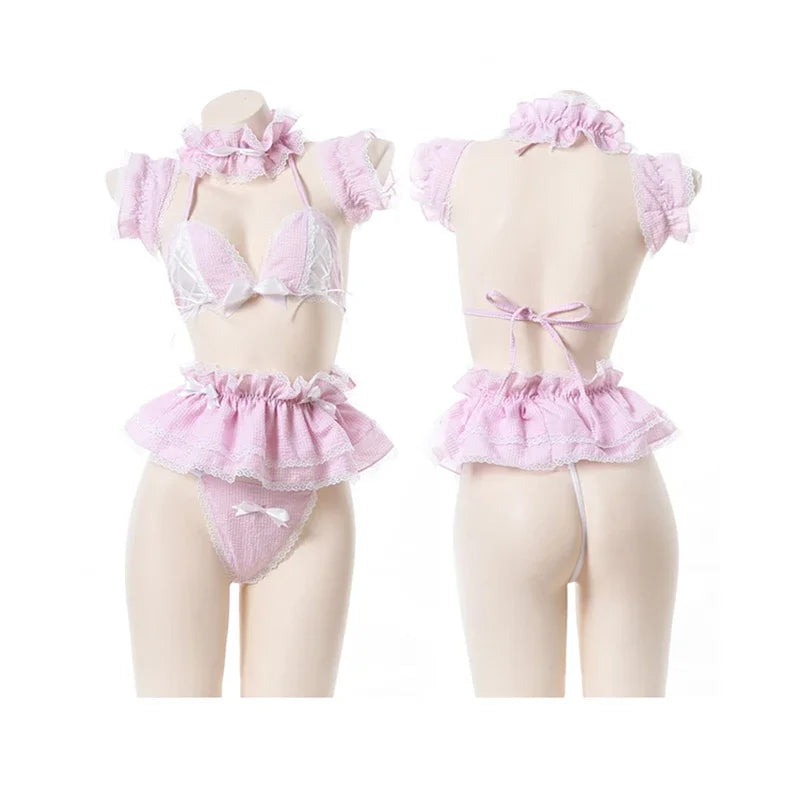 Cosplay Maid Lingerie Set – Lace Plaid Anime-Inspired Outfit - style 2 pink / One Size - Women’s Clothing &