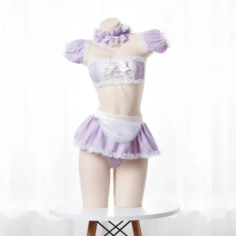 Cosplay Maid Lingerie Set – Lace Plaid Anime-Inspired Outfit - style 1 purple / One Size - Women’s Clothing &