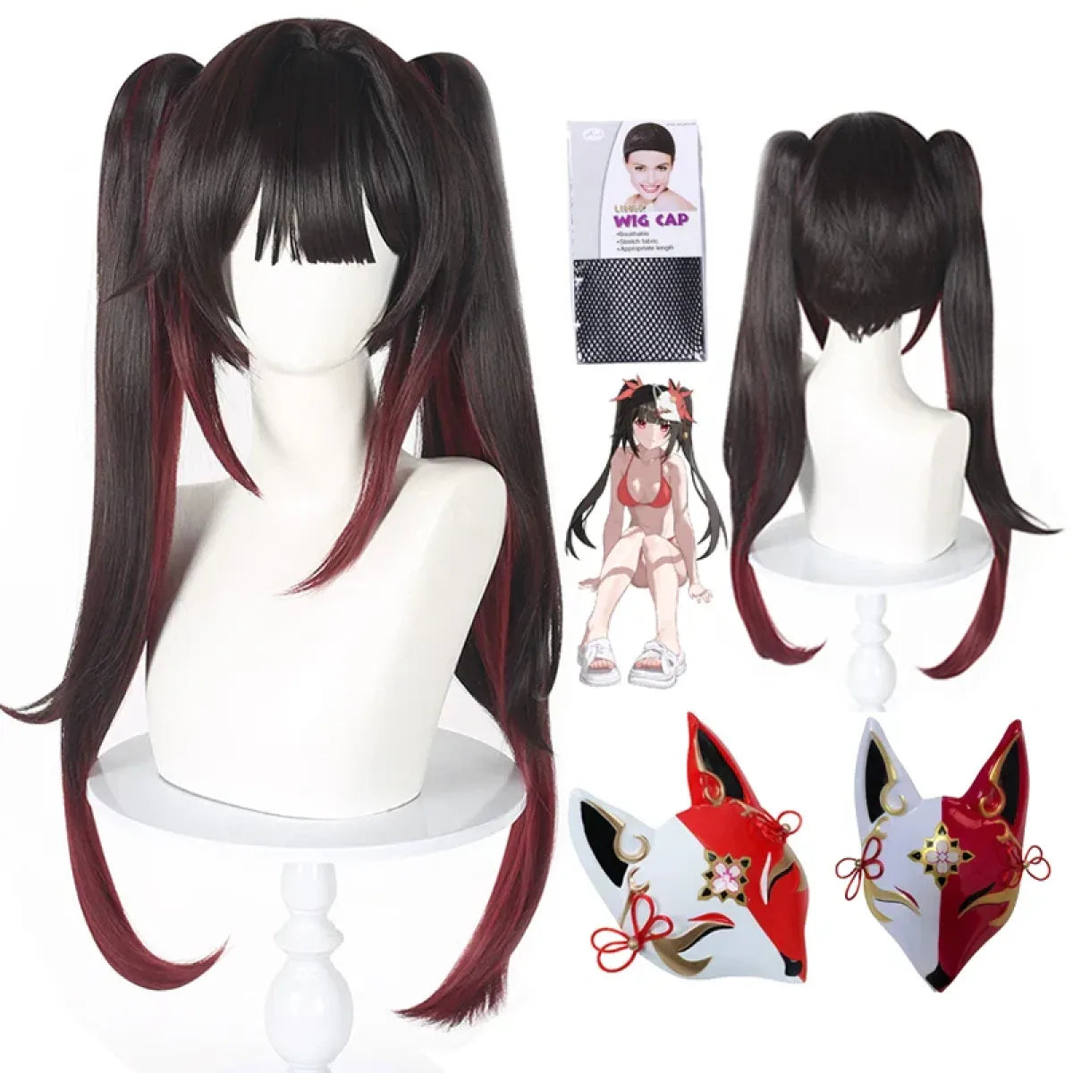 Black Red Twin Tail Cosplay Wig with Fox Mask - Cosplay - Hair Accessories - 1