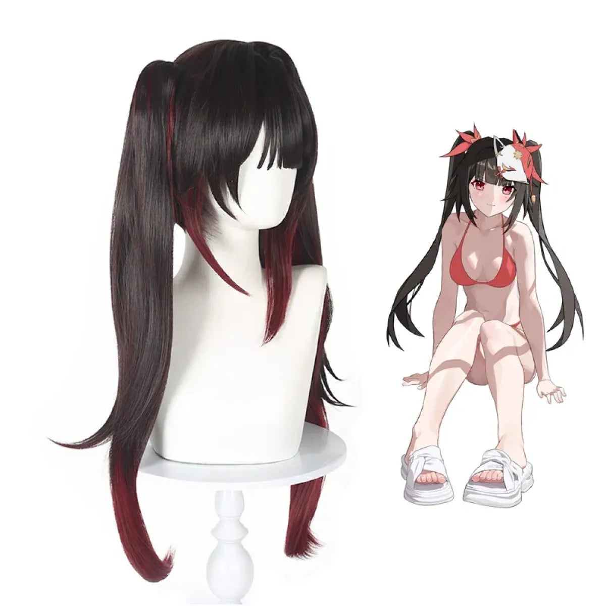 Black Red Twin Tail Cosplay Wig with Fox Mask - Cosplay - Hair Accessories - 4