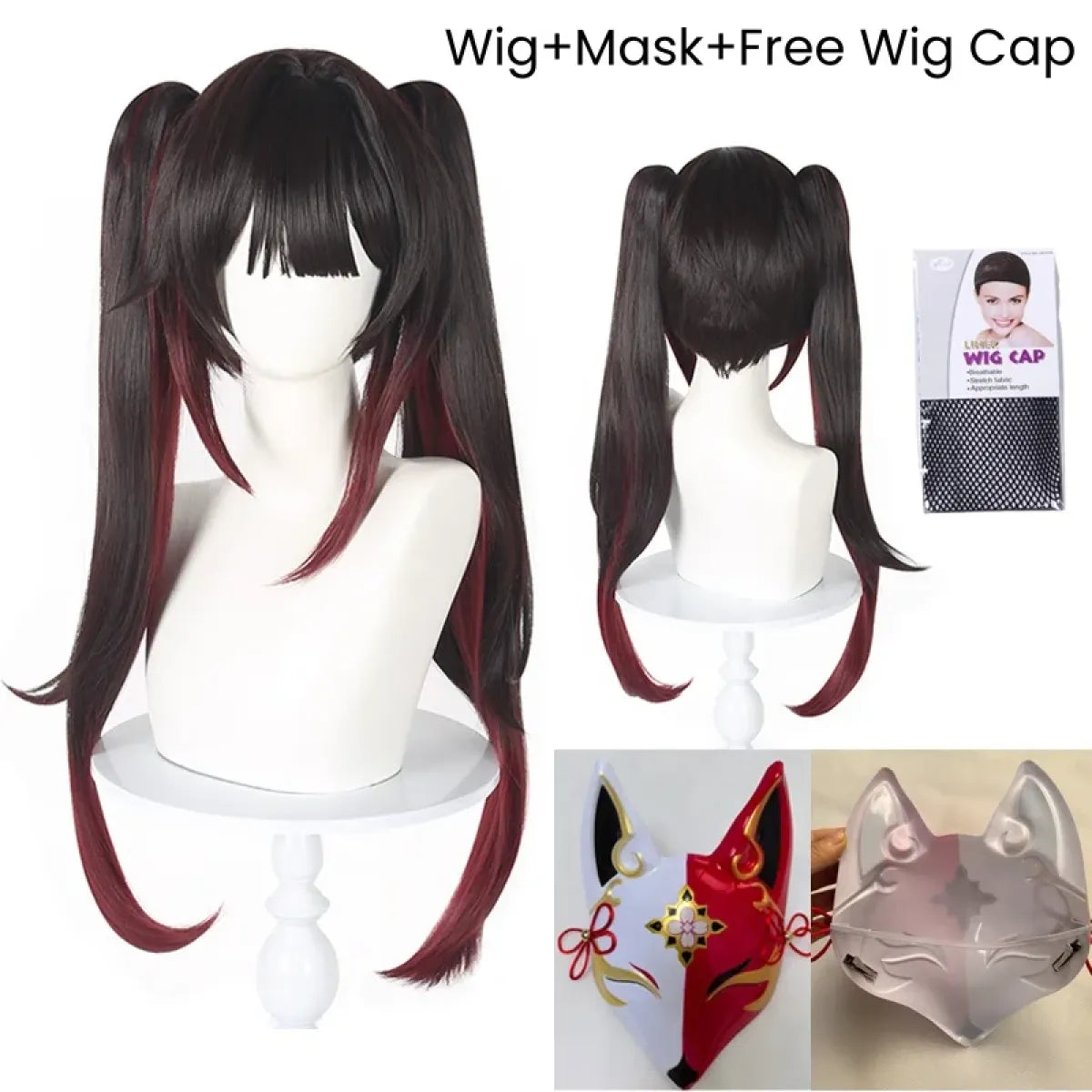 Black Red Twin Tail Cosplay Wig with Fox Mask - Cosplay - Hair Accessories - 7