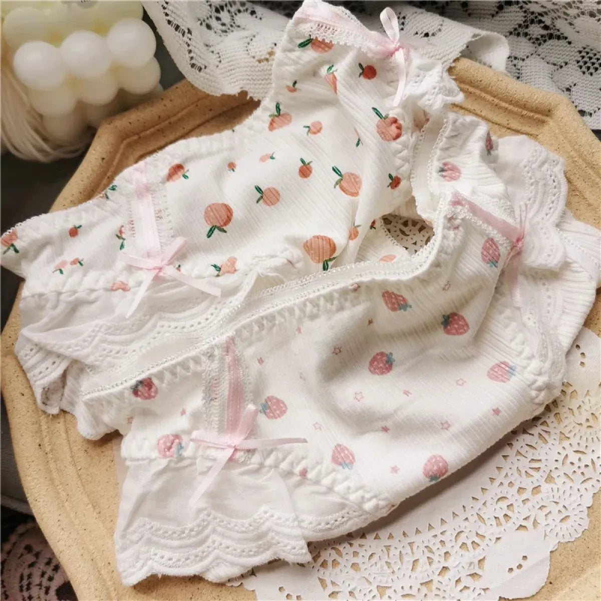 Cotton Lace Low Waist Panties with Fruit Print & Bows – Kawaii Lingerie - Women’s Clothing & Accessories - Lingerie - 1