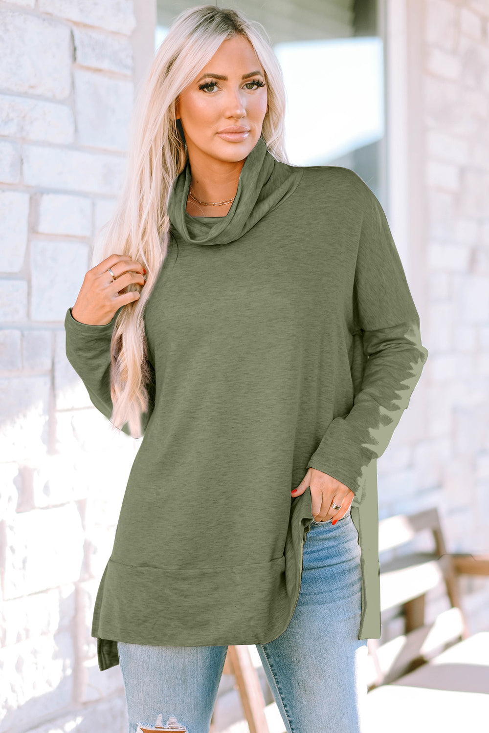 Cowl Neck Long Sleeve Slit Blouse - Sage / S - Women’s Clothing & Accessories - Shirts & Tops - 8 - 2024