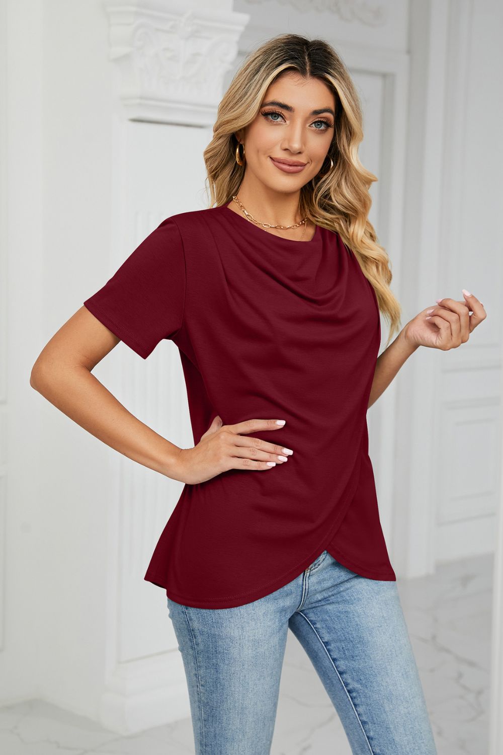 Cowl Neck Tulip Hem T-Shirt - T-Shirts - Shirts & Tops - 5 - 2024