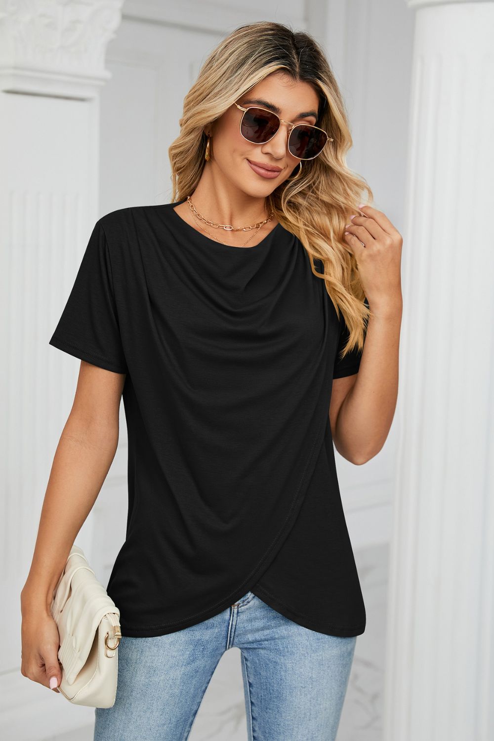 Cowl Neck Tulip Hem T-Shirt - Black / S - T-Shirts - Shirts & Tops - 7 - 2024