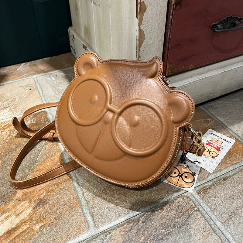 CREAM BEAR Round Leather Crossbody Bag - Luxury Cartoon Shoulder Bag - Brown - Accessories - Handbags - 6 - 2024