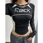 Crew Neck Letter Print Top - Long Sleeve Casual Streetwear T-Shirt - T-Shirts - Long - Boat - Blouses - 3