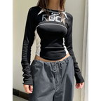 Crew Neck Letter Print Top - Long Sleeve Casual Streetwear T-Shirt - T-Shirts - Long - Boat - Blouses - 5