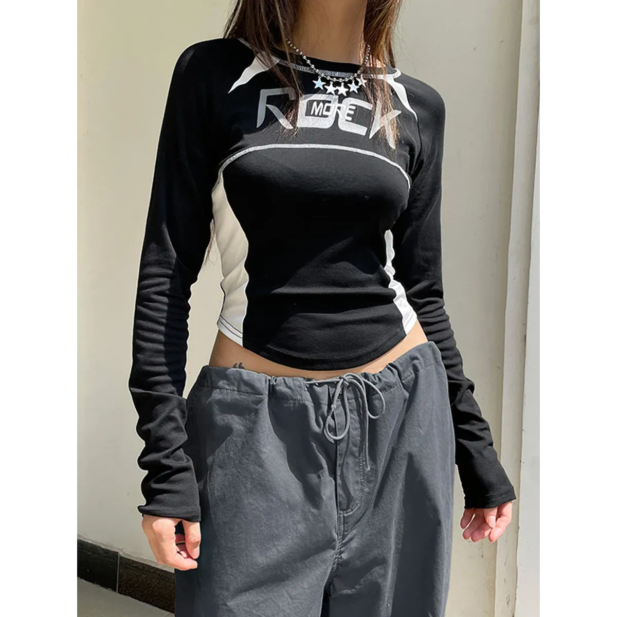 Crew Neck Letter Print Top - Long Sleeve Casual Streetwear T-Shirt - T-Shirts - Long - Boat - Blouses - 5