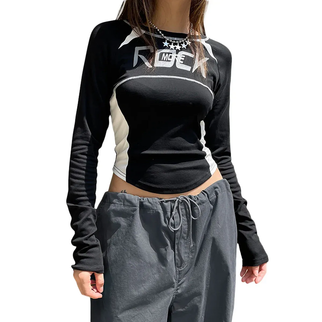 Crew Neck Letter Print Top - Long Sleeve Casual Streetwear T-Shirt - T-Shirts - Long - Boat - Blouses - 1