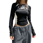 Crew Neck Letter Print Top - Long Sleeve Casual Streetwear T-Shirt - T-Shirts - Long - Boat - Blouses - 1