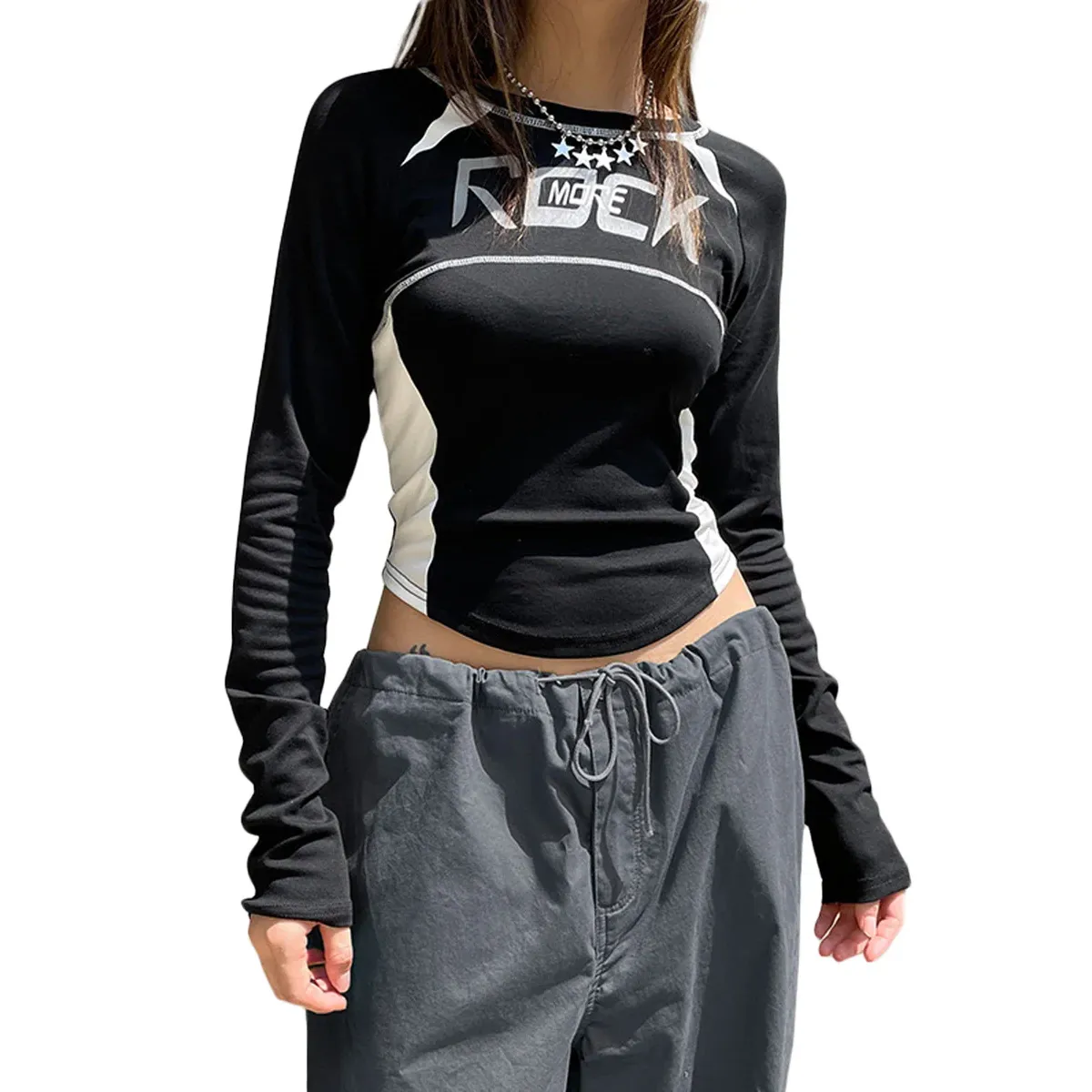 Crew Neck Letter Print Top - Long Sleeve Casual Streetwear T-Shirt - T-Shirts - Long - Boat - Blouses - 1