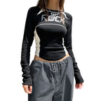 Crew Neck Letter Print Top - Long Sleeve Casual Streetwear T-Shirt - T-Shirts - Long - Boat - Blouses - 9