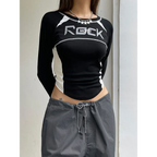 Crew Neck Letter Print Top - Long Sleeve Casual Streetwear T-Shirt - T-Shirts - Long - Boat - Blouses - 4