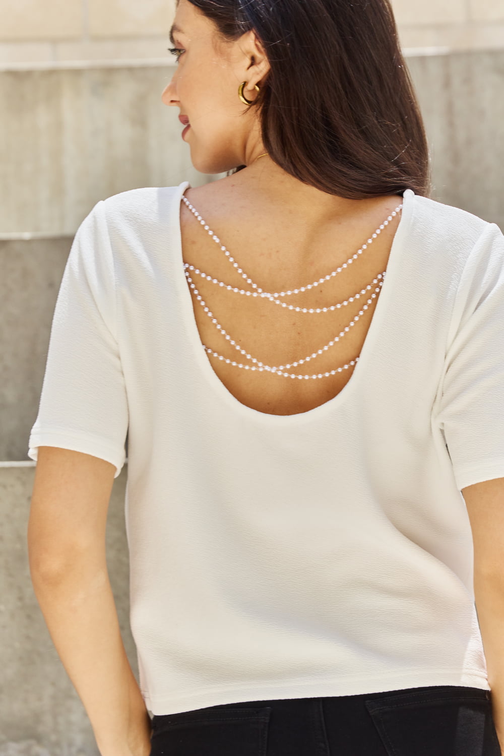 Pearly White Full Size Criss Cross Pearl Detail Open Back T-Shirt - T-Shirts - Shirts & Tops - 6 - 2024