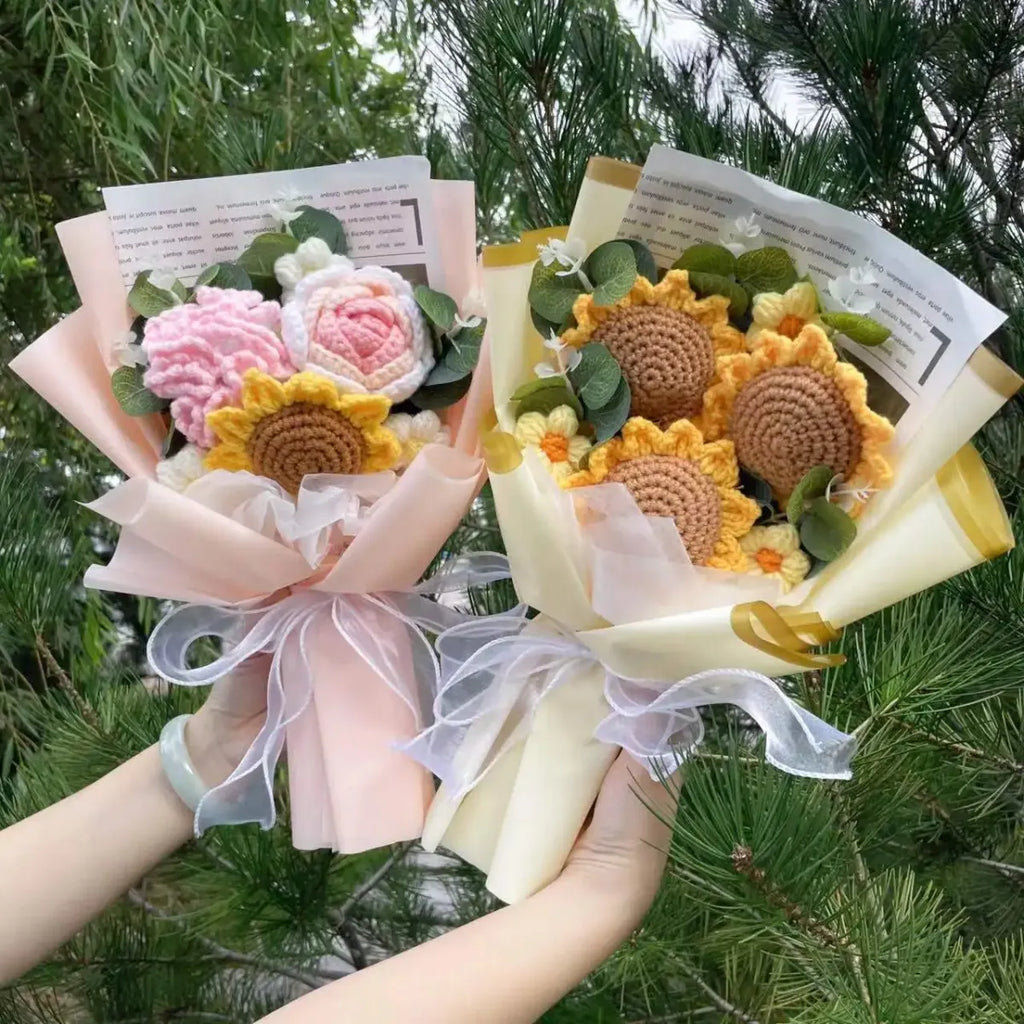 Crochet Sunflower Bouquet – Handmade Knit Gift for Birthday or Graduation - Harajuku Style - Plushie - 5