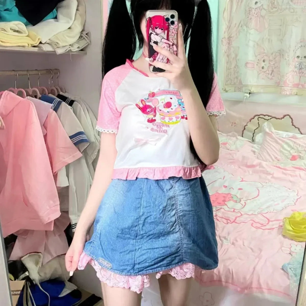 Happy Time Kawaii Ruffle Cartoon Crop Tee - T-Shirts - Crop Top - 3