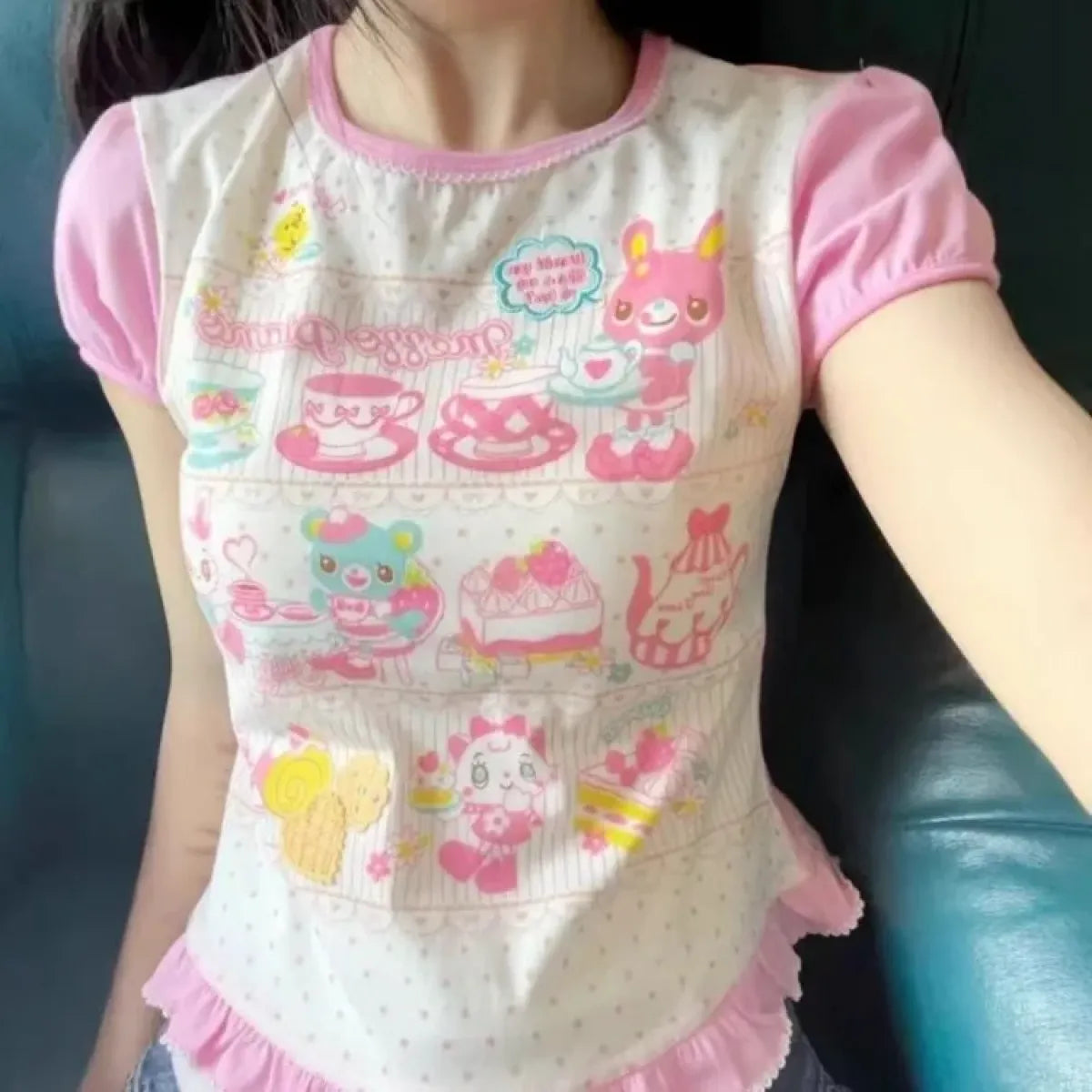 Harajuku Ruffle Cartoon Crop Tee - T-Shirts - Short - Round - Crop Tops - 1